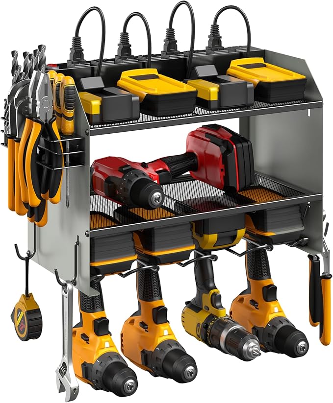 CCCEI Set Power Tool Organizer Wall Mount with Charging Station. Garage 4 Drill Storage Shelf with Hooks, Heavy Duty Metal Tool Battery Charger Organizer. Shop Utility Rack with Power Strip Grey.