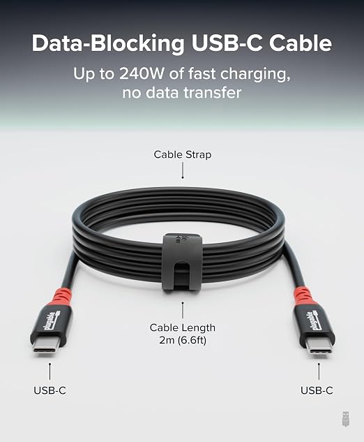 Plugable USB C to USB C Cable Data Blocker Charge Only Cable (2m/6.6ft): 240W Safe Fast Charging for MacBook iPhone 15/16 iPad Galaxy S24 XPS and More USBC Devices (USBC-CC2M)