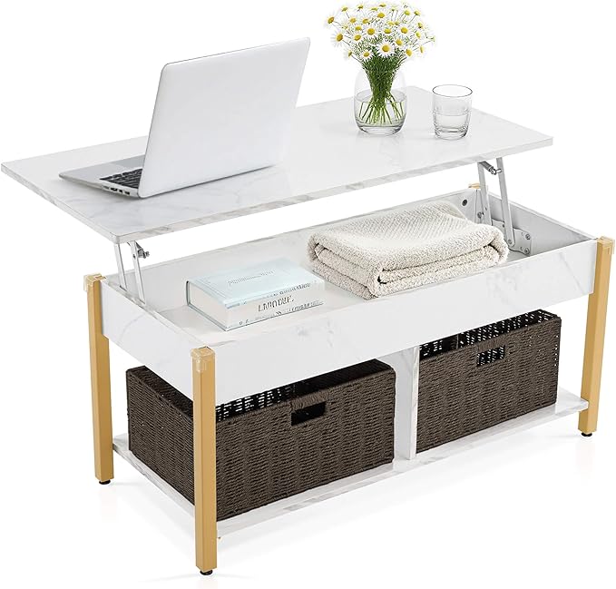 ivinta Lift Top Coffee Table with Storage, Modern Recangular Center Table with Wheels and 2 Rattan Folding Baskets, Rising Tabletop with Hidden Compartment for Living Room, 2177 (41.3", White)