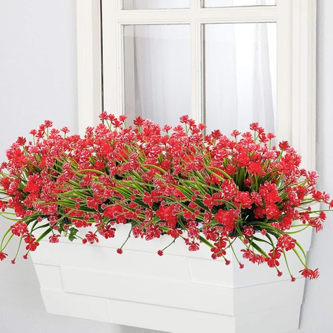 Artificial Flowers Outdoor UV Resistant Fake Plants Indoor Outside Hanging Planter Home Garden Decor, 10 Bundles (Red)