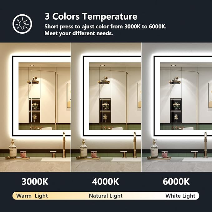 YEELAIT 36x30 Inch LED Bathroom Mirror with Lights (Front Lit and Backlit) Black Framed Lighted Vanity Mirror for Bathroom Wall Dimmable Anti-Fog Memory Tempered Glass Horizontal/Vertical