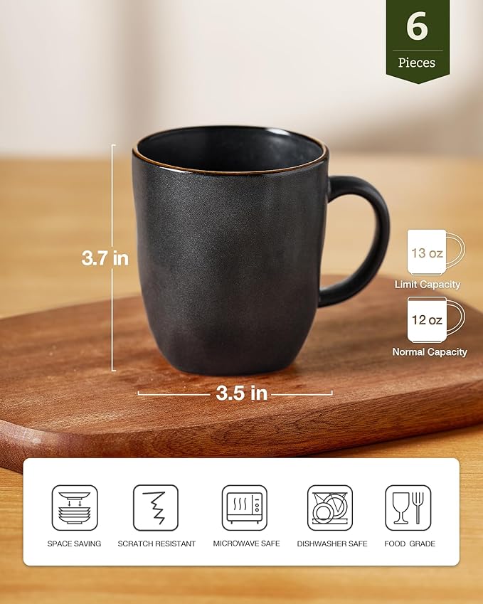 famiware Coffee Mugs Set of 6, Ocean Square 13oz Coffee Cup Set with Handle for Cocoa, Milk, Hot Chocolate, Tea, Water, Stoneware Cups for Kitchen, Microwave and Dishwasher Safe, Matte Black