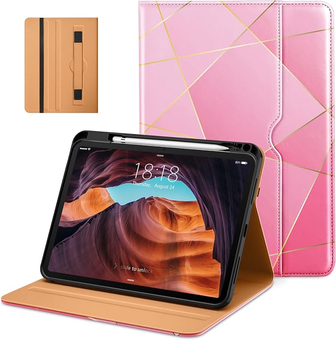 DTTO for iPad (A16) 11th Generation 11-inch &amp 10th Gen Case Brown | Premium Leather Business Cover with Pencil Holder Hand Strap &amp Pocket Corner Protection Auto Sleep/Wake for Work &amp