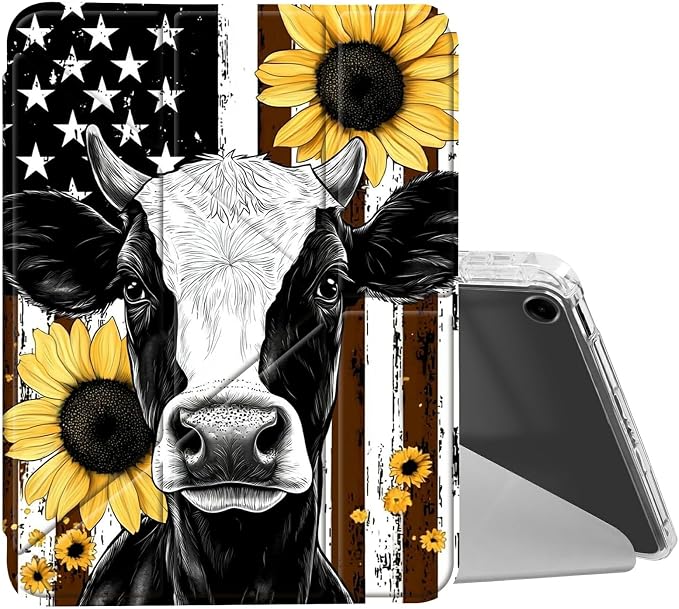 for iPad 10.2 &amp 10.5/iPad 9th/8th/7th Generation 10.2 2021 2020 2019 Case Mutil Angles Folding Y-Shaped Stand Cover with Pencil Holder Auto Wake/SleepAmerican Flag and Cow