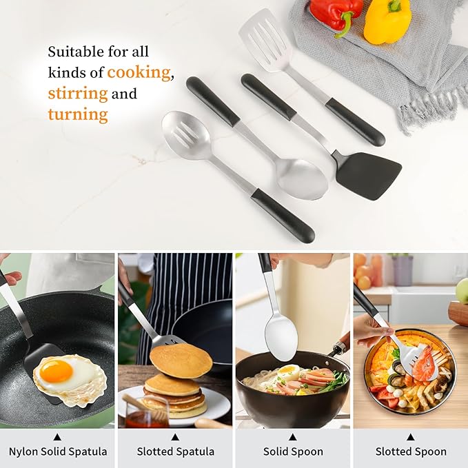 CuCut 4 Pcs Cooking Utensils Set, Stainless Steel Kitchen Utensils, Heat Resistant Metal Kitchen Tools Include Solid, Slotted Turner, Serving Spoon, Non-Stick Wok Spatula, Dishwasher Safe, Silver