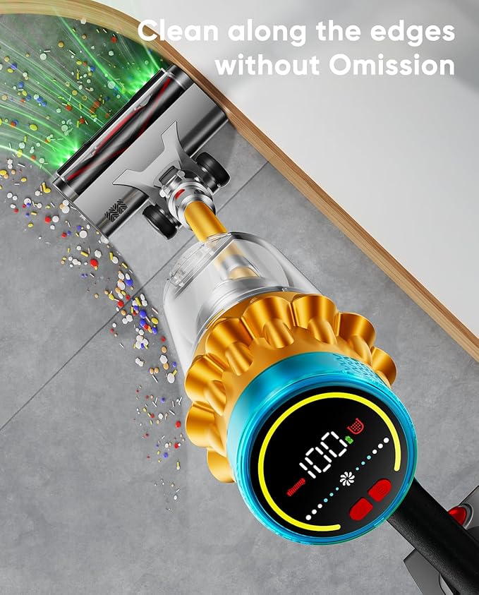 Cordless Vacuum Cleaner, 650W/55KPA, 70 Mins Runtime Self-Standing Stick Vacuum, Vacuum Cleaners for Home with Anti-Tangle Brush, Smart Display, 1.8L Cup Vacuum for Pet Hair/Carpet/Floor (Gold)