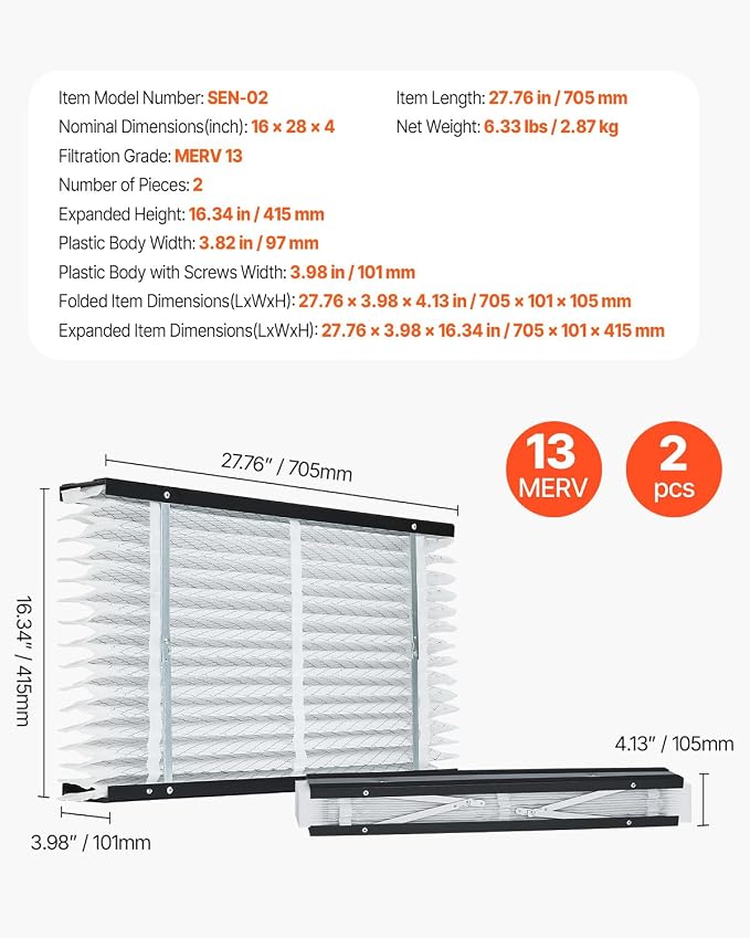 VEVOR 16x28x4 Furnace Air Filter, MERV 13 Pleated HVAC AC Replacement,