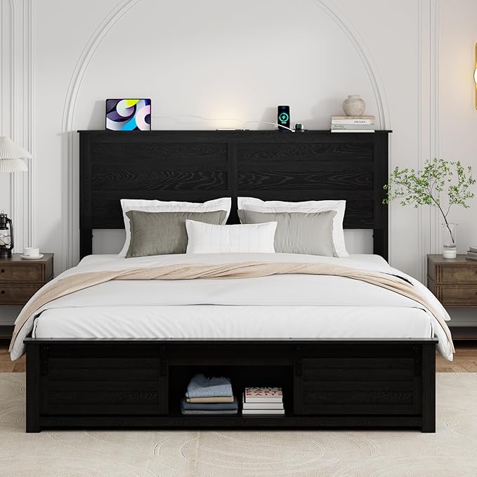 Queen Size Bed Frame with Wood Headboard, Wooden Platform Bedframe with Sliding Barn Door Footboard and Charging Station Easy Assembly, No Box Spring Needed (Black, Queen)