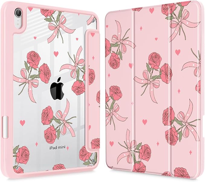Case for iPad mini (A17 Pro 7th Generation) 2024/iPad Mini (6th Gen) 8.3 Inch with [Built-in Pencil Holder] Shockproof Cover with Clear Transparent Back Shell &amp Auto Wake/Sleep - Blue Bows