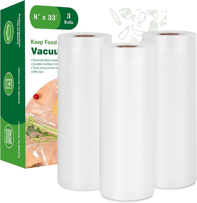 Moretoes Vacuum Sealer Bags, 3 Rolls 8" x 33' Food Vac Bags for Food Storage Saver, Commercial Grade Bag Rolls, BPA Free, Customized Size Bag for Sous Vide Cooking or Meal Prep
