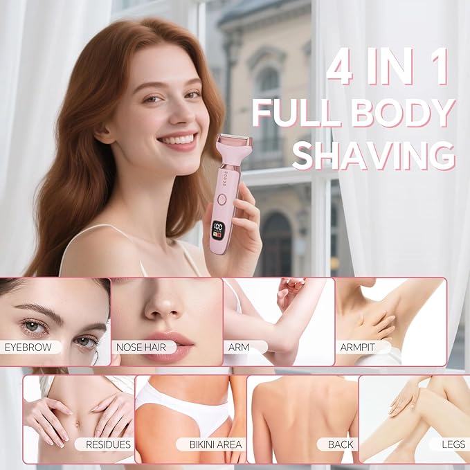 Electric Razors for Women, 4 in 1 Bikini Trimmer for Women, Wet & Dry Use Body Shaver, Nose Hair Face Eyebrow Arms Legs Armpit Underarm Pubic Area, Replaceable Lady Facial Razor Painless USB Charge