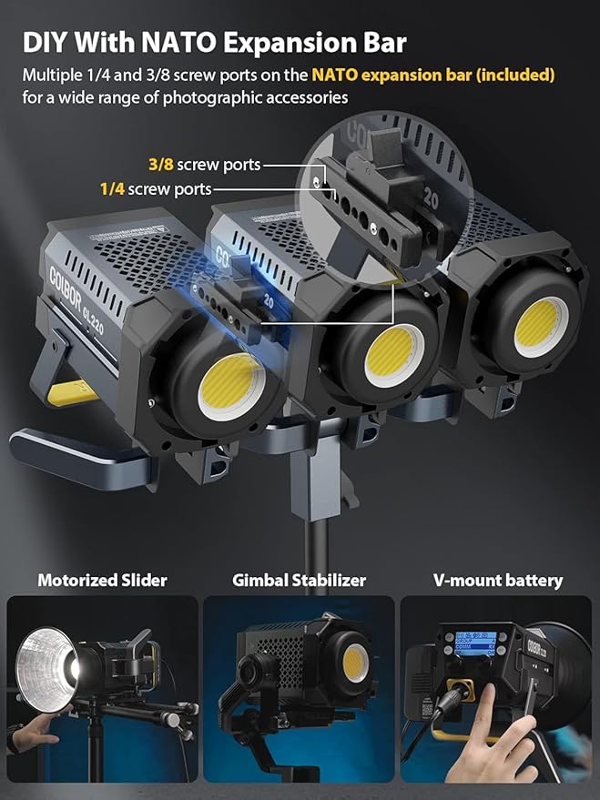 Video Light, COLBOR CL220M 220W Continuous Lighting 2700-6500K CRI96+ 58,100Lux at 3.3ft COB Studio Light with Bowens Mount APP for Film Live, Video-Light-Studio-LED-Photography