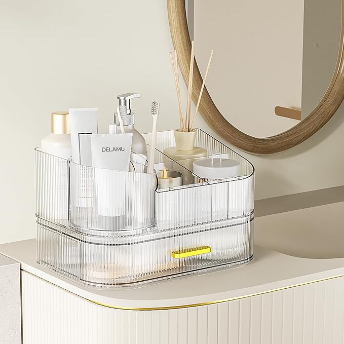 Delamu Makeup Organizer for Vanity with Stackable Drawers, 360 Rotating Makeup Brush Holder Large Cosmetic Display Case for Dresser, Bathroom Countertop Skincare Organizers and Storage, Crystal Clear