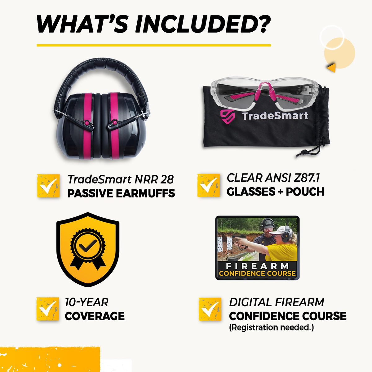 TradeSmart High-Performance Earmuffs for Shooting Range & Shooting Eye Protection Glasses + Firearm Confidence Course Included
