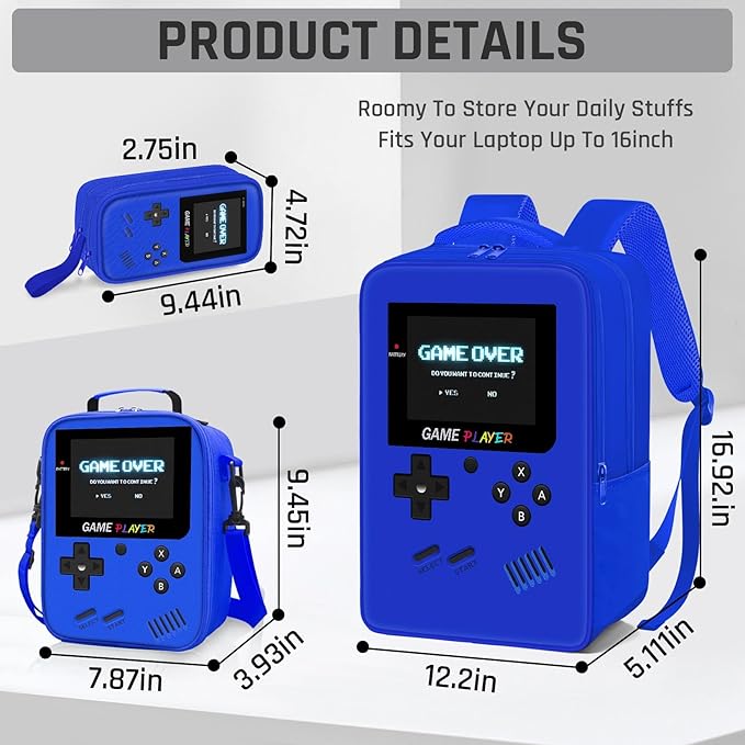 School Backpack for Boys,3pcs Gamer Boys Backpack with Lunch Box Set for Kids Children Teens Elementary Middle School,17" Large Capacity Student Bookbag & Multifunctional Video Game Travel Bag