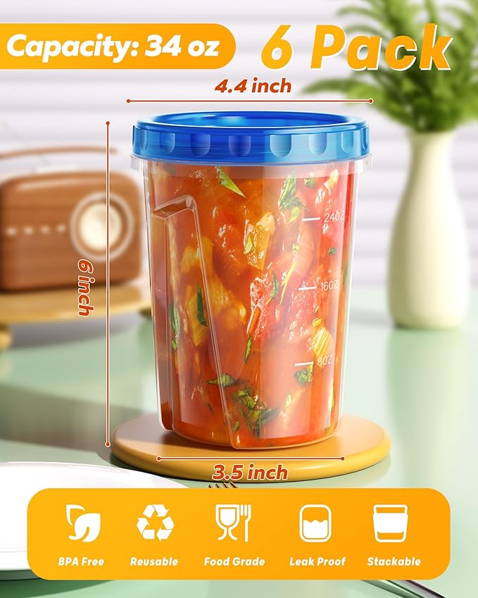 BiuLeon 6 Pack-34 oz Freezer Storage Containers, Plastic Food Storage Containers with Twist Top Lids, BPA Free and Reusable Soup Containers with Lids, Leakproof/Microwave/Dishwasher Safe