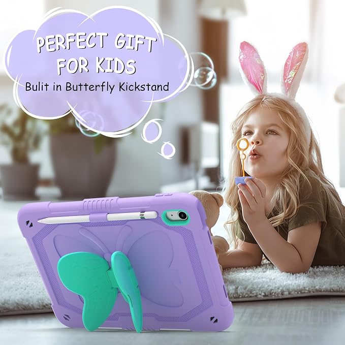 Ambison Kids Case for iPad A16 11th/10th Generation 11''/10.9'' Multicolor | 9H Tempered Glass Screen Protector Butterfly Stand Shoulder Strap Heavy DutyShockproof Pencil Holder