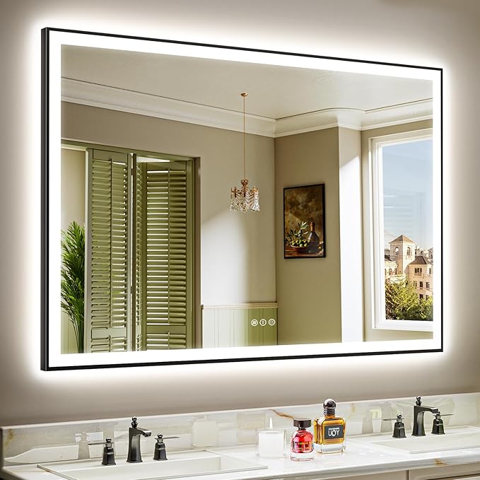 YEELAIT 60x40 Inch LED Bathroom Mirror with Lights (Front Lit and Backlit) Black Framed Lighted Vanity Mirror for Bathroom Wall Dimmable Anti-Fog Memory Tempered Glass Horizontal/Vertical