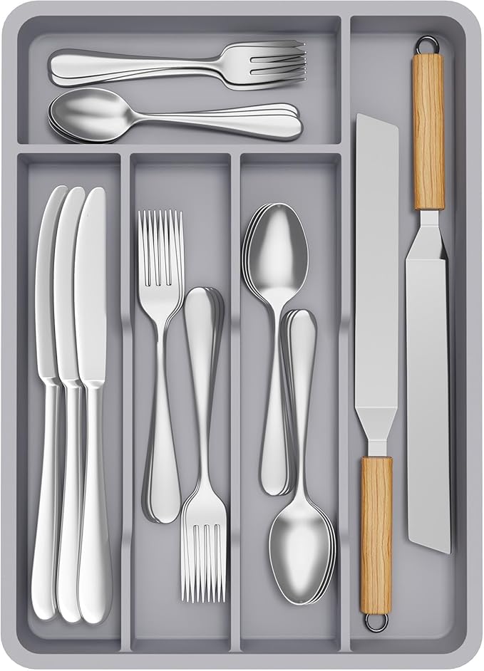 Lifewit Silverware Drawer Organizer Tray, Plastic Cutlery Storage for Kitchen, Flatware and Utensil Holder Divider for Spoons Forks Knives Tableware, 9.5 x 13.4", 5 Slots, Gray