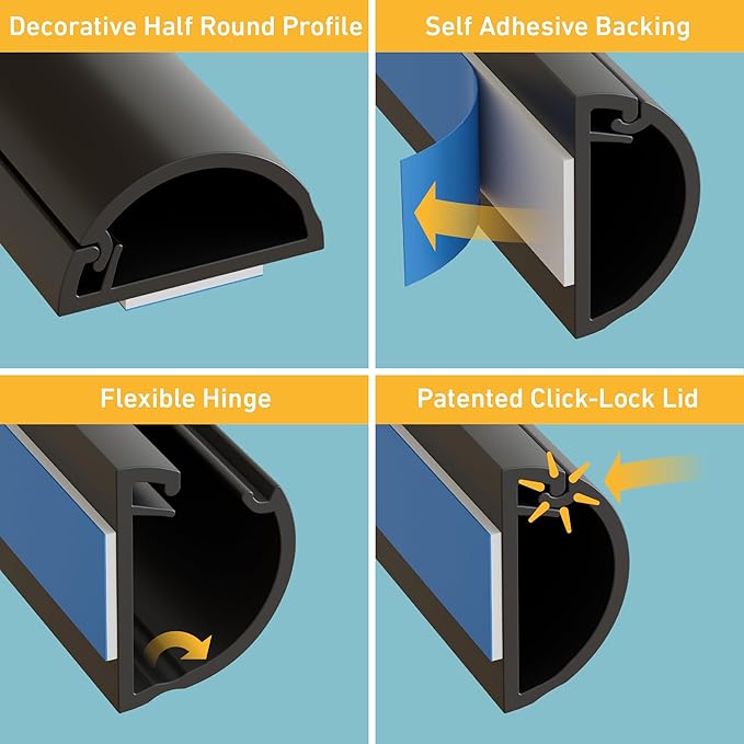 D-Line 13.12ft Cord Hider Kit, Patented Cable Cover, Hide Wires on Wall, Channel for TV Mount Cords, Raceway Wire Hiders, Paintable, Adhesive, Half Round, 4X 0.78in W x 0.39in H x 39in Lengths, Black