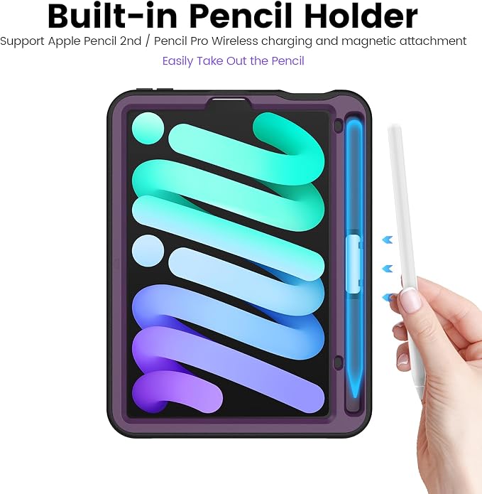 Case for iPad mini 7 (A17 Pro) 2024/ Mini 6 8.3'' with Pencil Holder Screen Protector [360 Rotating Hand Strap] &ampStand &ampShoulder Strap Shockproof Case for iPad mini 7th/6th Generation Purple