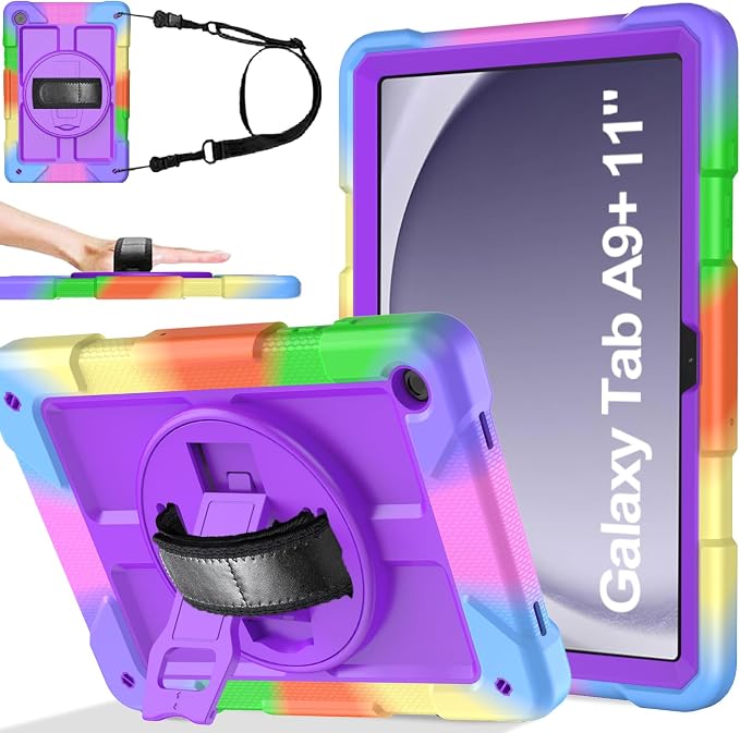 BMOUO for Samsung Galaxy Tab A9+ Plus Case 11 2023 (SM-X210/X216/X218) Shockproof Galaxy Tab A9 Plus Case with Rotating Stand and Hand/Shoulder Strap Black