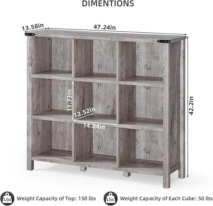 9 Cube Bookcase, Farmhouse 47 Inch Wide Grey Oak Bookshelf, Wooden 3 Tier Display Large Open Book Shelf, Vintage Horizontal Book Case for Home Office, Cubby Storage Cabinet for Living Room