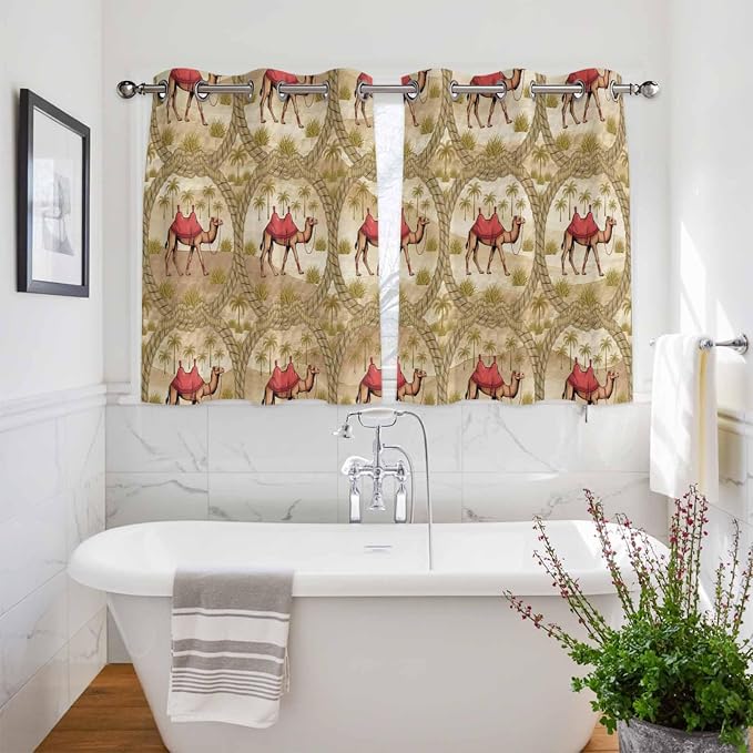 2 Panel Kitchen Cafe Curtains, Desert Camels Sunlight Filtering Nature Air
