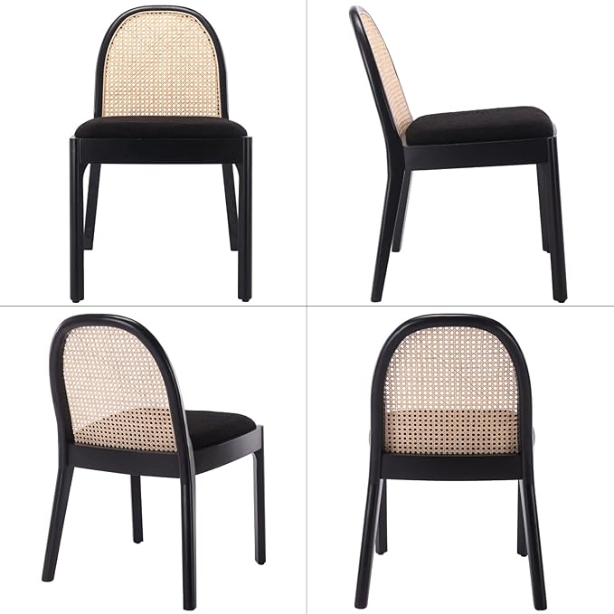LukeAlon Modern Sherpa Dining Chairs Set of 8, Natural Woven Rattan Cane Back Side Chairs with Solid Wood Legs Mid Century Dinner Chairs for Kitchen Living Room, Black