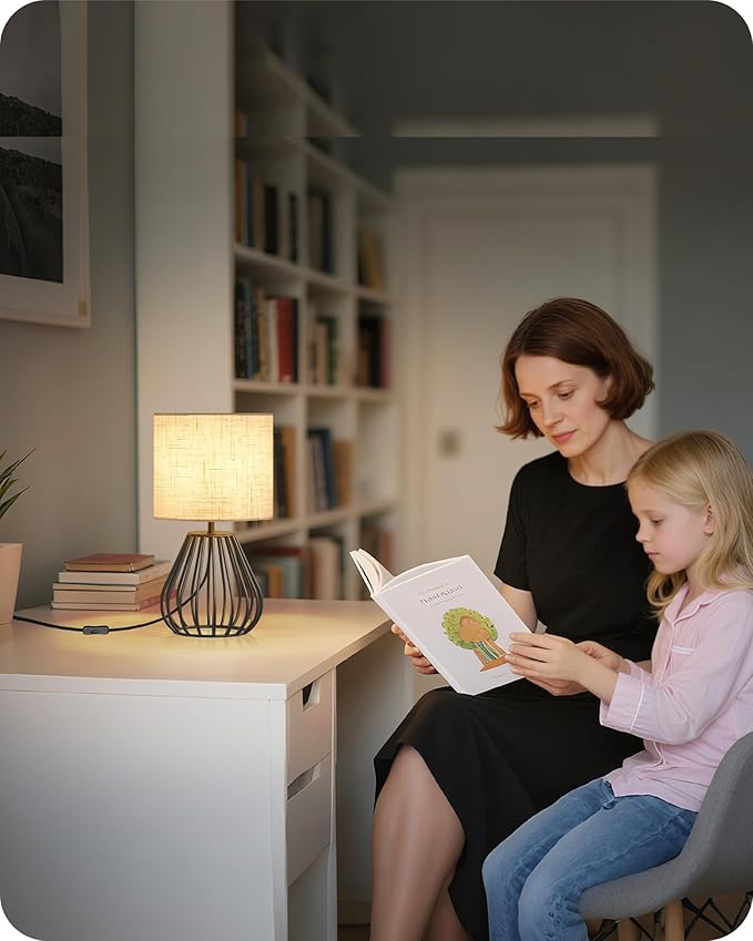 Small Bedside Table Lamp, Black Table Lamp with Metal Cage & Linen Lampshade, Modern Cute Desk Lamp, Cozy Nightstand Lamp for Bedroom, Living Room, Office, 2700K LED Bulb Included, E06TL05