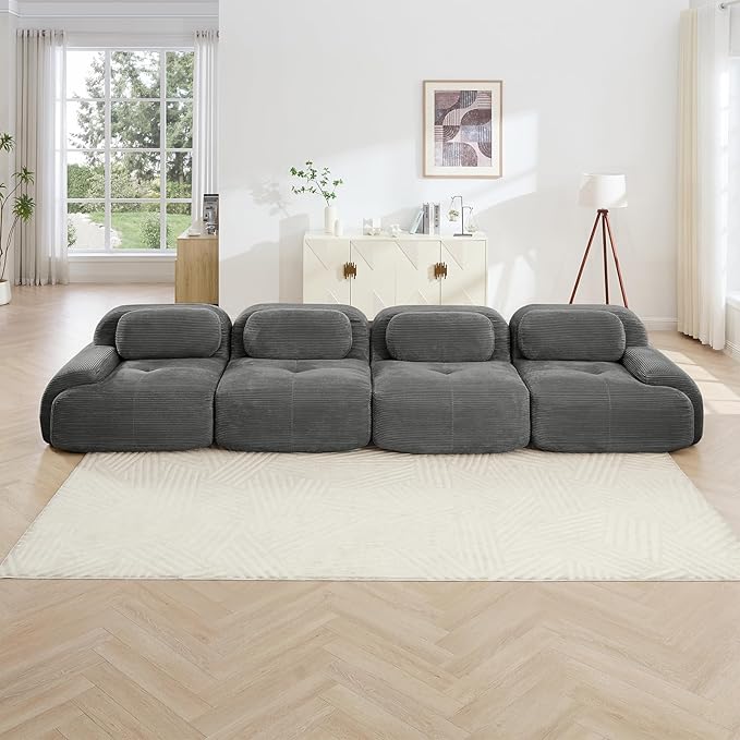 152" Modern Compressed Boneless Couch, 4 Seater Sectional Couches for Living Room, Gray Corduroy Cloud Modular Sectional Sofa, Comfy Memory Foam, Extra Deep, Sofas para Sala, No Assembly