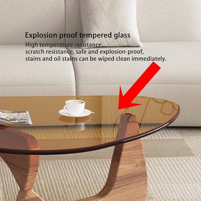 EASYSOUL Modern Glass Coffee Table, 32.68" D x 22.44" W x 15.75" H, Abstract Round Tea Tables for Living Room Home Office Industrial Cocktail Tables (Walnut-Brown Glass, 32.68")