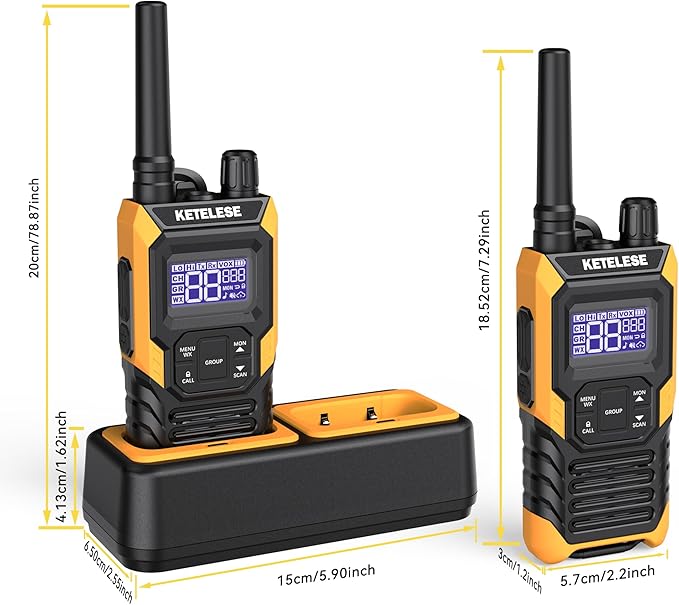 KETELESE T4 Walkie Talkie IP67 Waterproof, Type-C Rechargable Two Way Radio, Dual PTT, NOAA Weather, VOX, Group, Scan, FRS Radios 2 Watts, for Adults, 2Pack, Orange