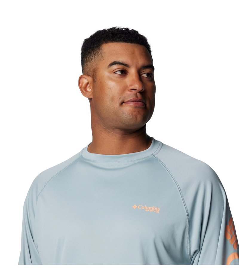 Columbia Men's PFG Terminal Tackle Long Sleeve Fishing Shirt, Crushed Blue/Bright Nectar Logo, 5X Tall
