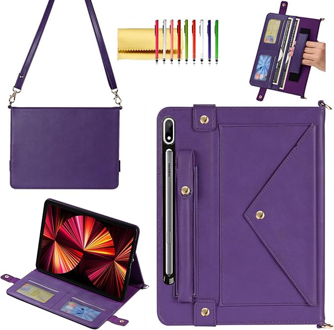 Handbag Case for Samsung Galaxy Tab S10 FE/S9 FE 10.9/S9/S8/S7 11 Techcircle Folio Stand Crossbody Wallet Protective Cover with S Pen Holder &amp Card Slots Hand Strap &amp Shoulder Strap Black
