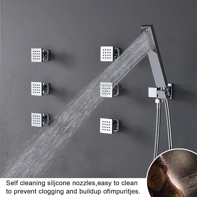 KATAIS Digital Tempreature Display Full Body Shower System Wall Mounted 8 Inch Rain Shower System with 6 PCS Body Jets, Handheld Spray, Chrome Shower Fixtures