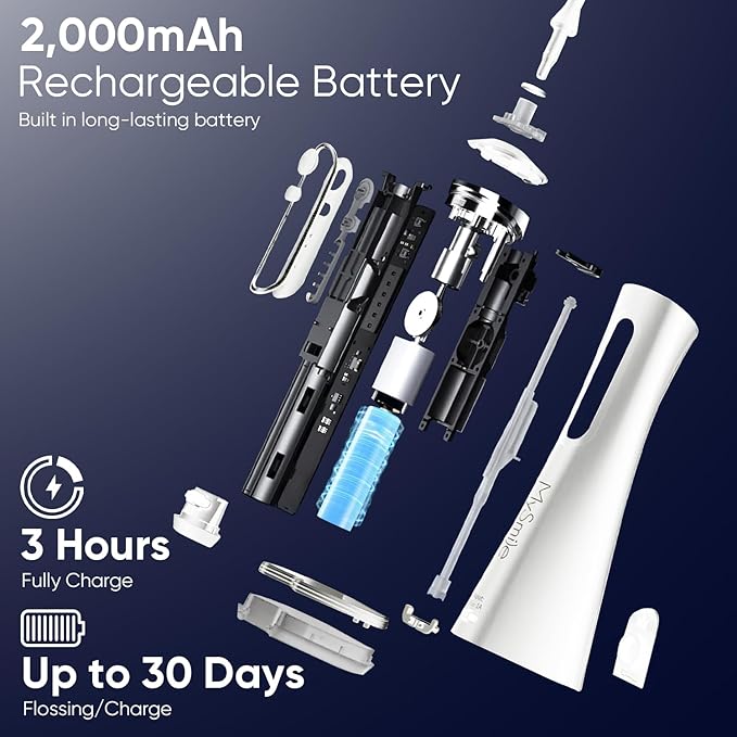 MySmile LP211 Cordless Water Flossers, Portable Rechargeable Oral Irrigator for Teeth Cleaning, 5 Cleaning Modes, IPX7 Waterproof, 8 Replacement Tips and a Storage Pouch (Pearl White)
