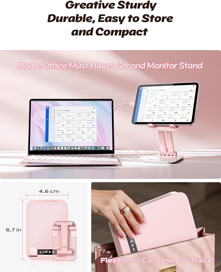 LISEN Pink Desk Accessories for iPad Office Supplies Desk Decor for Women Gifts, for Him Tablet Stand Vanity Accessories Video Face Time Free Hands for ipad Switch