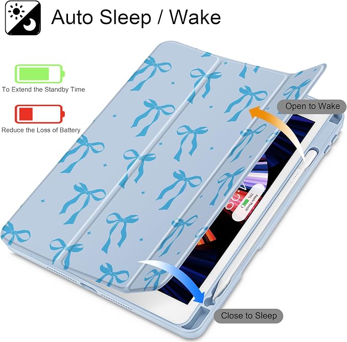 Case for iPad 9th/8th/7th Generation 10.2-Inch (2021/2020/2019 Release) with [Built-in Pencil Holder] Shockproof Cover with Clear Transparent Back Shell &amp Auto Wake/Sleep - Blue Bows