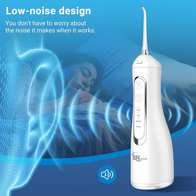 JNGOODS Cordless Water Dental Flosser Oral irrigator,JNGOODS 300ml Rechargeable Water flosser for Teeth IPX7 Waterproof 4 Modes Portable Oral Irrigator with 4 Jet Tips, Travel Home use (White)