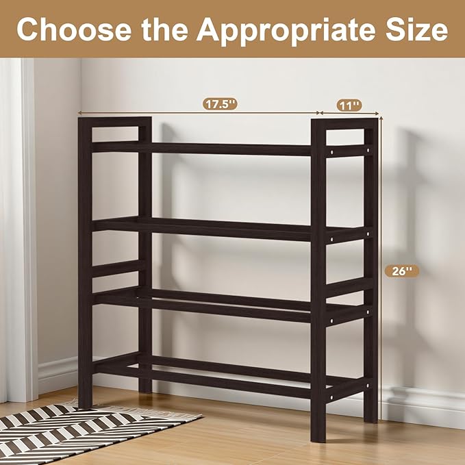 Haddockway Bamboo Shoe Rack for Closet, Free Standing Shoe Organizer with Smooth Round Rods & Convenient Handles, Stackable Shoe Storage Shelf for Entryway, Hallway(Brown, 4-Tier(Small))
