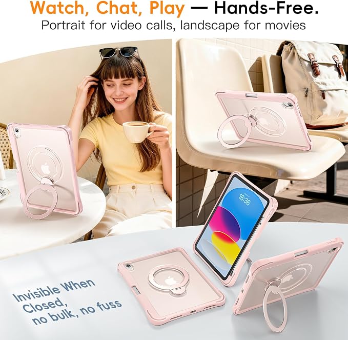 Dteck for Apple iPad 11 inch (A16 11th Gen) iPad 10.9 inch (10th Gen) Slim Clear Case with Kickstand Pencil Holder Reinforced Shockproof Corners Soft TPU Lightweight Protective Cover Transparent