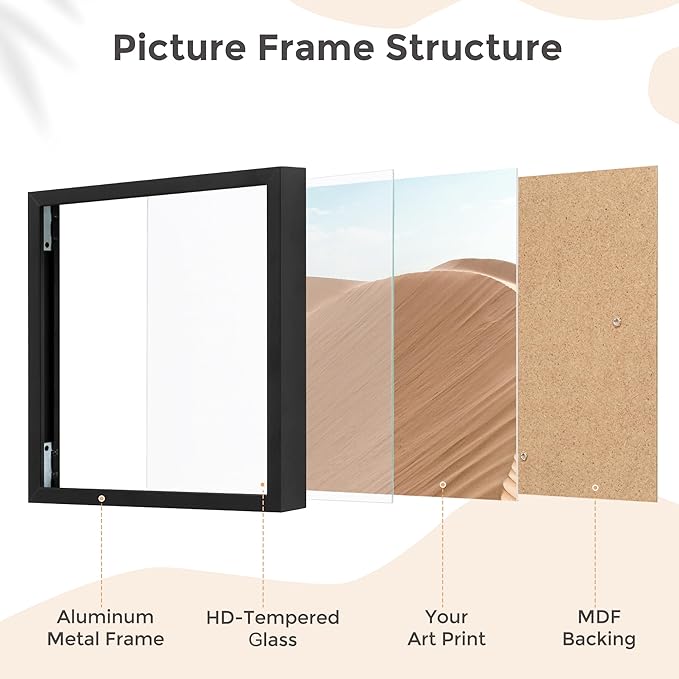 6x6 Metal Picture Frame - Black Aluminum Square Frames with Real Glass, Wall Mounting Horizontally or Vertically, Simple and Elegant Decor for Wall Gallery Poster Photo Frames, Black