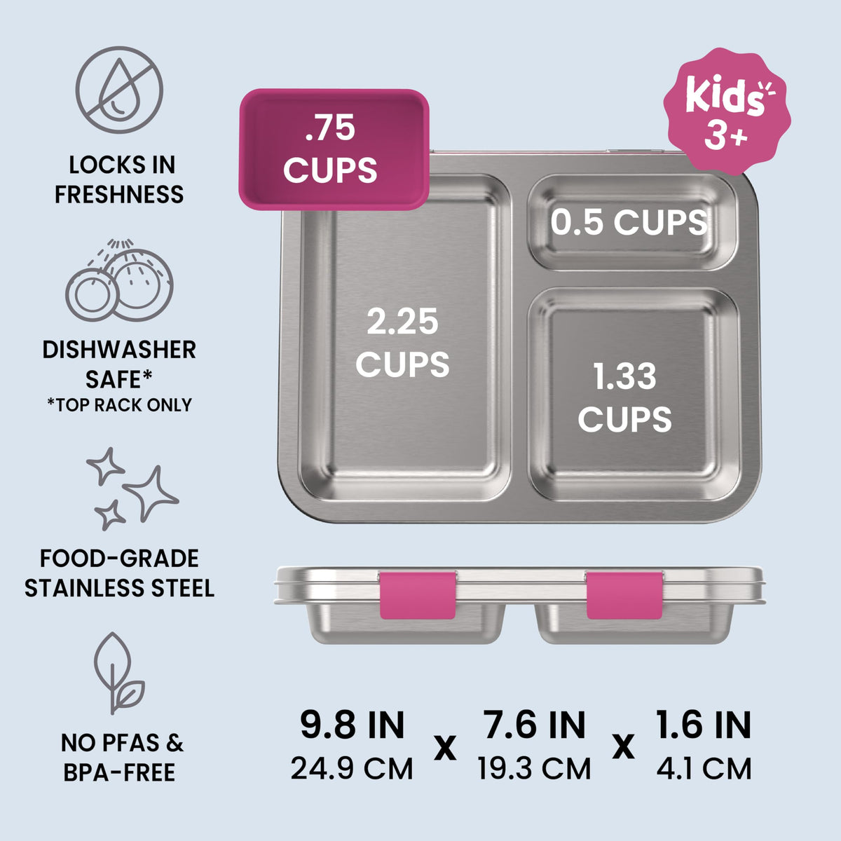 Bentgo Kids Stainless Steel Leak-Resistant Lunch Box - 3-Compartments with Bonus Silicone Container, Durable, Eco-Friendly, Dishwasher Safe, BPA-Free, Ideal for School, Ages 3+ (Fuchsia)