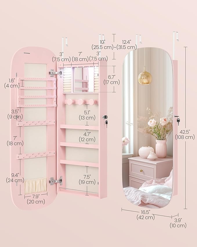 SONGMICS Jewelry Organizer, LED Jewelry Cabinet Wall/Door Mounted, Lockable Rounded Wide Mirror with Storage, Interior Mirror, 3.9 x 16.5 x 42.5 Inches, Jelly Pink Surface with Cream White Lining