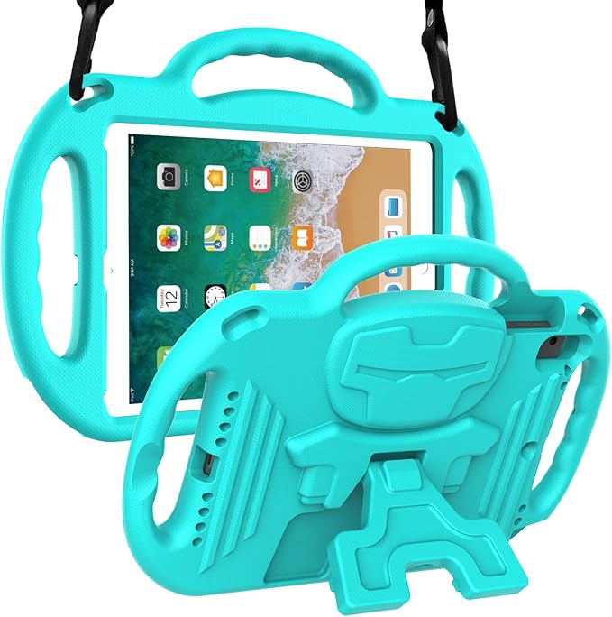LTROP Kids Case for iPad 5th/6th Generation (2017/2018) &amp Air 2 Shoulder Strap Handle Stand Shockproof Bumper Cute Kid Case for iPad 9.7 Inch Black