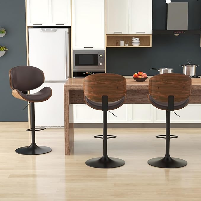 KCC Bar Stools, Swivel Adjustable Height Barstools, PU Leather Upholstered Bar Chairs with Footrest, Bentwood Bar Stool for Kitchen, Bar, Dining Room(Brown PU)