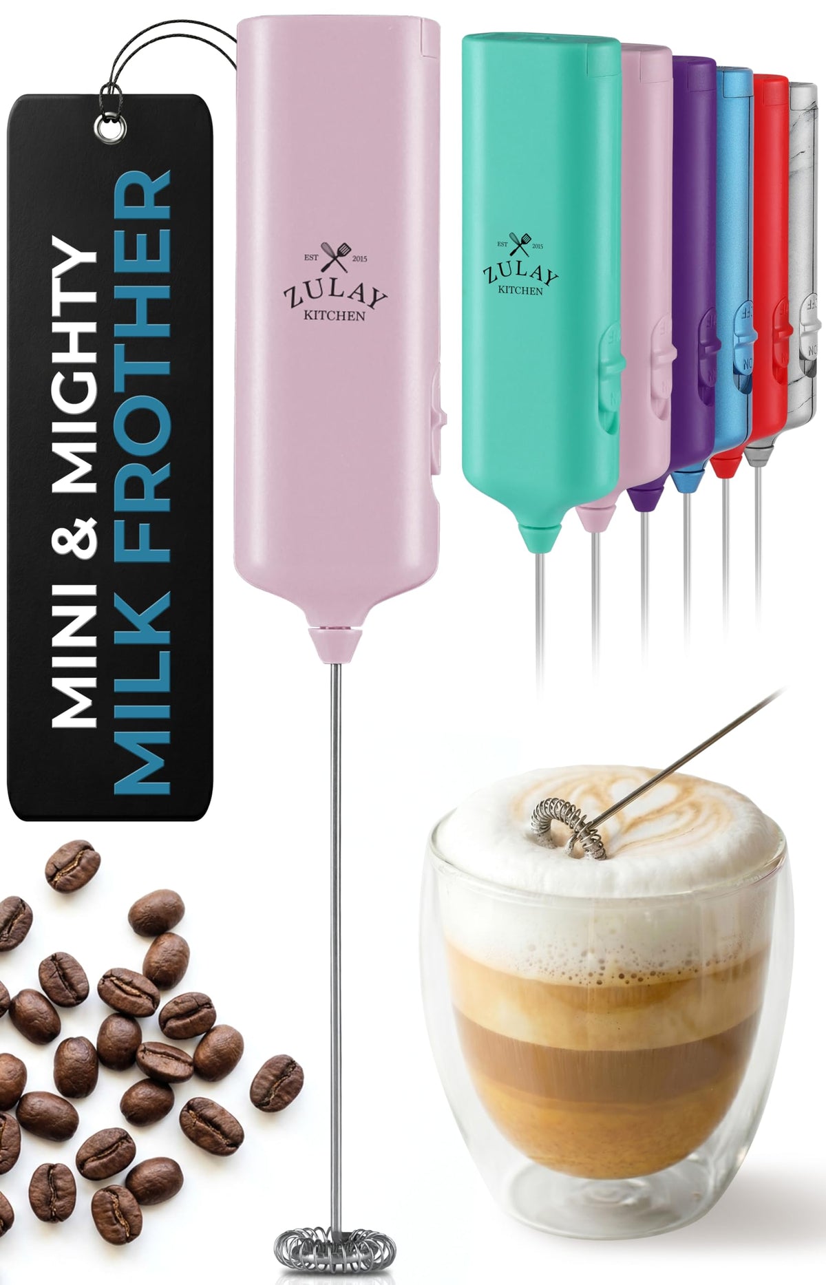Zulay Powerful Milk Frother for Coffee with Upgraded Titanium Motor - Handheld Electric Whisk, Milk Foamer, Mini Mixer & Coffee Blender for Frappe, Latte, Matcha, No Stand - Pristine Teal