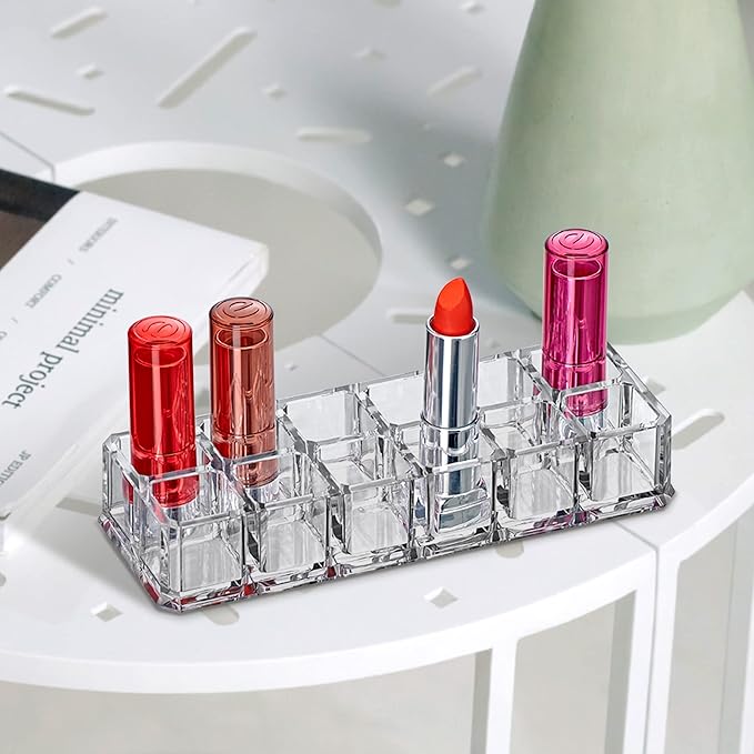 Amazing Abby - Charm - 2-Pack 12-Slot Acrylic Lipstick Organizer, Lipstick Holder, Lip Gloss Holder, Cosmetic Storage Display, Perfect Storage Solution for Drawer and Vanity (Slot Size: 0.9" x 0.9")