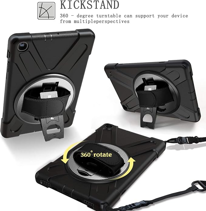 BRAECN for Galaxy Tab A 10.1 2019 Case, Heavy Duty Shockproof Rugged Case with 360 Degree Rotating Hand Strap/Stand and Shoulder Strap for Samsung Tab A 10.1 SM-T510/T515 2019 (Black)